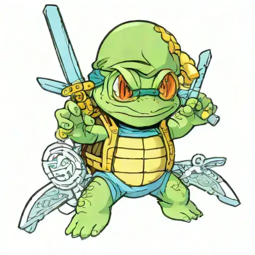 squirtle dressed in Zoro clothes and three swords tattoo design idea