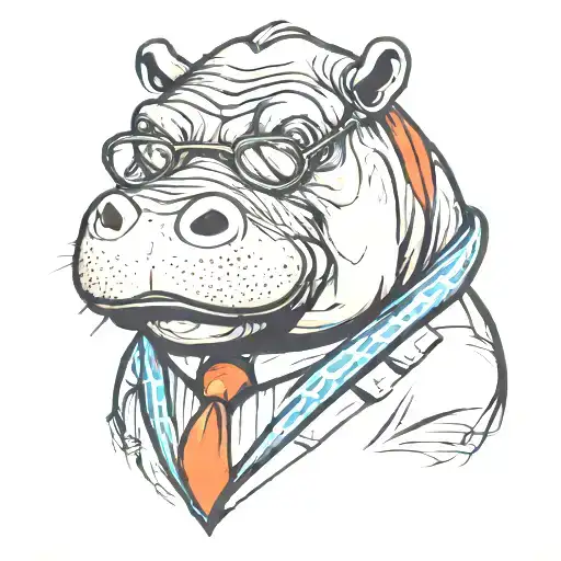tattooed alpha male hippo, bearded with glasses in love cartoonish with clothes from chamber valorant inside a heart tattoo design idea