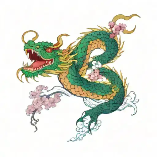 red, white, and green dragon wrapped sleeve tattoo; snowy mountains; water; cherry blossom tree; purple and gold lotus tattoo design idea