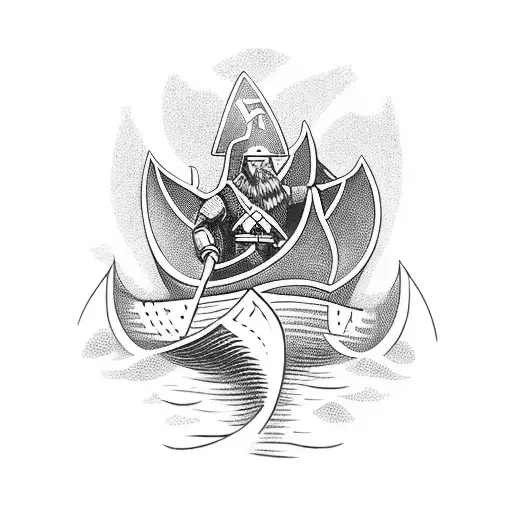 4 viking boats with Thor hitting his anvil tattoo design idea