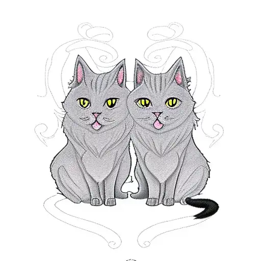 a black cat and a grey fluffy cat sitting together, their tails coming together to make a heart tattoo design idea