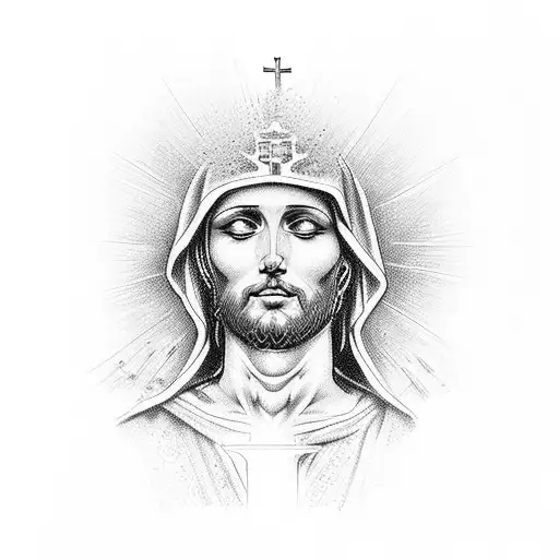 A dotwork tattoo of a tribute to the Christian religion with a crying saint tattoo design idea