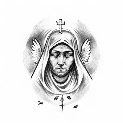 A sketch-style tattoo of a crying saint surrounded by doves tattoo design idea