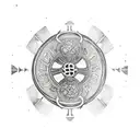 un vegvisir sur un fond noir, le vegvisir est de couleur rouge avec un effet de brulure, marquer par du fer  tattoo design idea