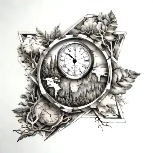 forest in a diamond, world map, a single clock tattoo design idea