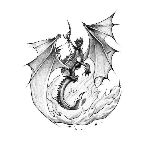 Dragon slayer fighting a fierce dragon in a moonlit cave tattoo design idea
