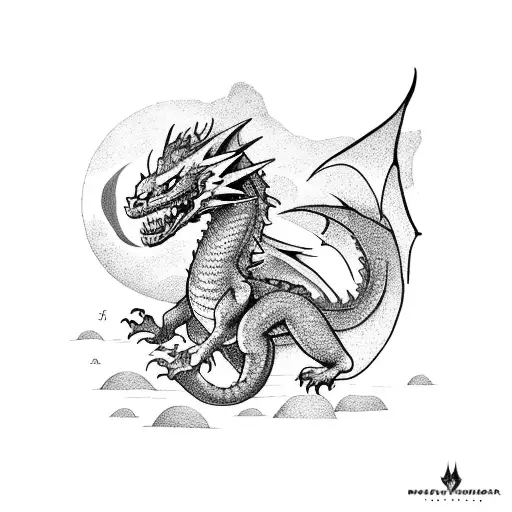 Dragon slayer fighting a fierce dragon in a moonlit cave tattoo design idea