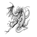 Dragon slayer fighting a fierce dragon in a moonlit cave tattoo design idea
