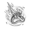 Dragon slayer fighting a fierce dragon in a moonlit cave tattoo design idea