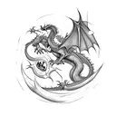 Dragon slayer fighting a fierce dragon in a moonlit cave tattoo design idea