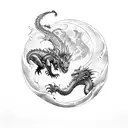 Dragon slayer fighting a fierce dragon in a moonlit cave tattoo design idea
