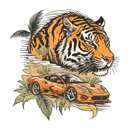 Ferrari en la playa con palmeras y atardecer en el caribe con un tigre arriba tattoo design idea