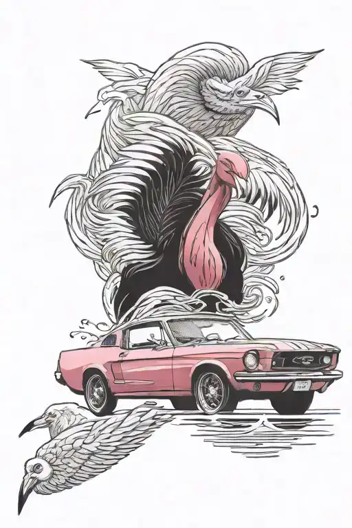 manly pink flamingo driving a black mustang tattoo design idea