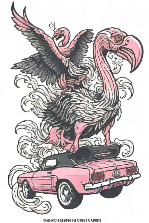 manly pink flamingo driving a black mustang tattoo design idea