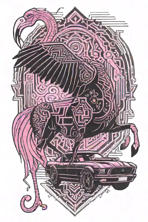 manly pink flamingo driving a black mustang tattoo design idea
