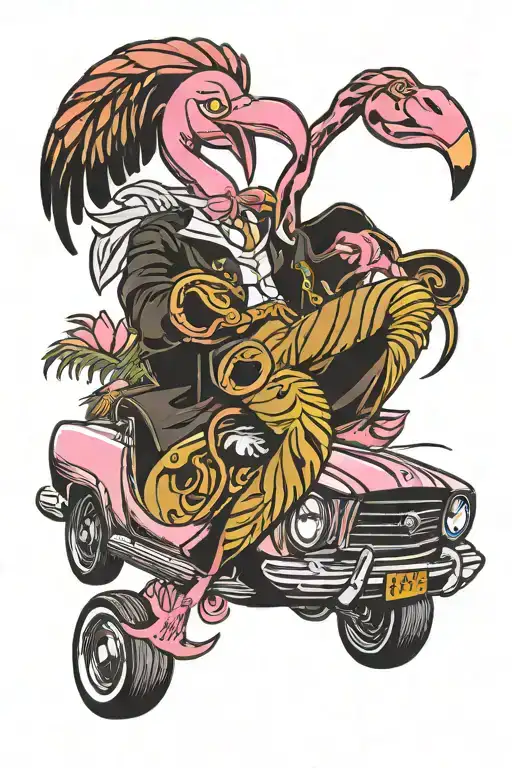 manly pink flamingo driving a black mustang tattoo design idea