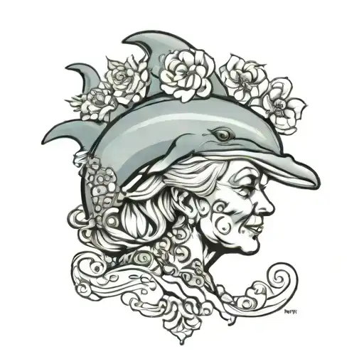 dolphin old lady head profile holding tattoo design idea