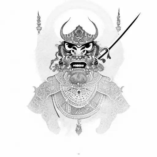 barong ragdah with sword in the middle tattoo design idea
