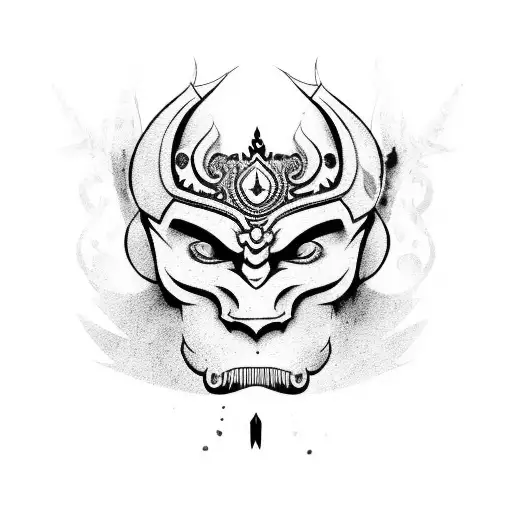 mask with one side barong and one side rangdah with a sword separating them Indonesian style tattoo design idea