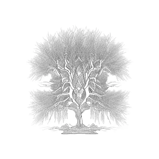 A willow tree with intricate branches intertwined with the journey of life, symbolizing the struggles and freedom we face along the way tattoo design idea
