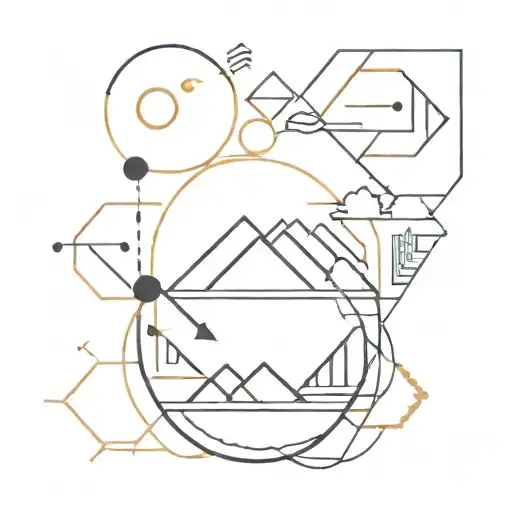 Abstract painting of a Bali-inspired sunset with geometric shapes representing different aspects of logistics (e.g. arrows, boxes) tattoo design idea
