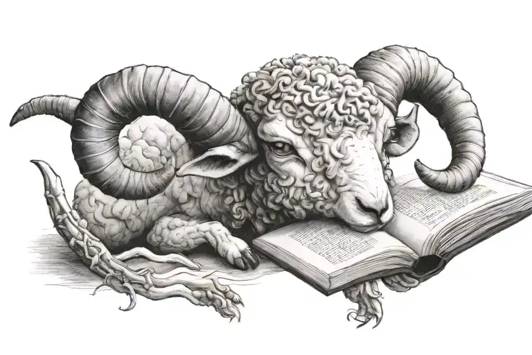 I want a realistic black and white drawing of a lamb-headed humanoid with 7 horns and 7 eyes holding a book in&nbsp;its&nbsp;right tattoo design idea