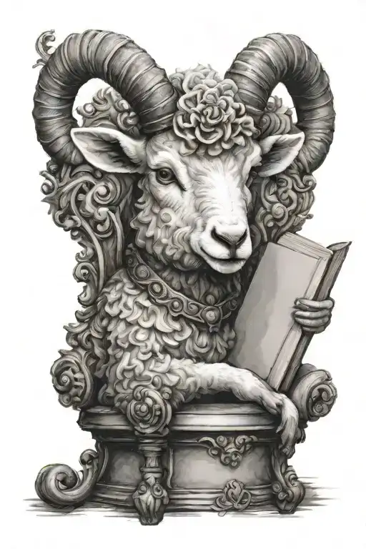 I want a realistic black and white drawing of a lamb with 7 horns and 7 eyes sitting on a throne and holding a book in i tattoo design idea