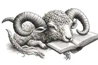 I want a realistic black and white drawing of a lamb-headed humanoid with 7 horns and 7 eyes holding a book in&nbsp;its&nbsp;right tattoo design idea