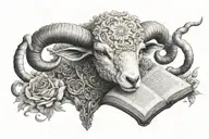 I want a realistic black and white drawing of a lamb-headed humanoid with 7 horns and 7 eyes holding a book in&nbsp;its&nbsp;right tattoo design idea