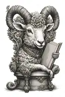 I want a realistic black and white drawing of a lamb with 7 horns and 7 eyes sitting on a throne and holding a book in i tattoo design idea