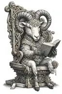 I want a realistic black and white drawing of a lamb with 7 horns and 7 eyes sitting on a throne and holding a book in i tattoo design idea
