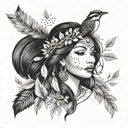 Pocahontas in the blowing leaves with the singign bird and racoon and talking tree tattoo design idea