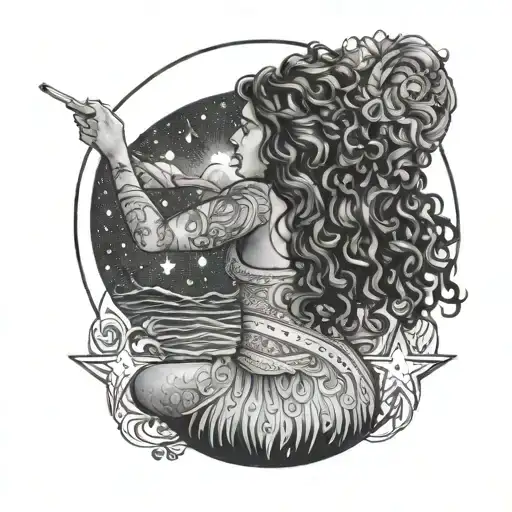 Moana measuring the stars showing the back of her with her long curly hair  tattoo design idea