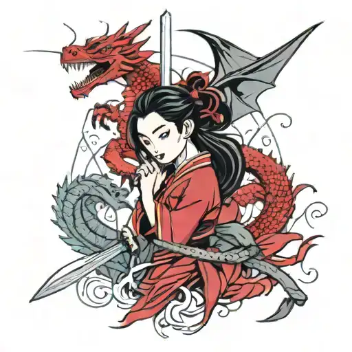 Mulan cutting her hair with sword surrounded by a red dragon and a little cricket   tattoo design idea