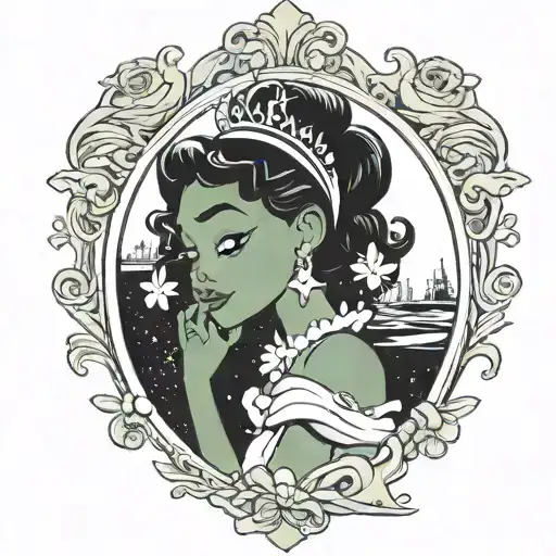 Princess and the frog.   Tiana looking in a mirror seeing her reflection as a frog wishing upon a star tattoo design idea