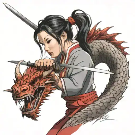 Mulan cutting her hair with sword surrounded by a red dragon and a little cricket  on the side tattoo design idea