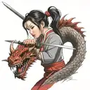 Mulan cutting her hair with sword surrounded by a red dragon and a little cricket  on the side tattoo design idea