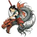 Mulan cutting her hair with sword surrounded by a red dragon and a little cricket  on the side tattoo design idea