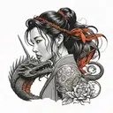 Mulan cutting her hair with sword surrounded by a red dragon and a little cricket  on the side tattoo design idea