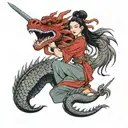 Mulan cutting her hair with sword surrounded by a red dragon and a little cricket  on the side tattoo design idea