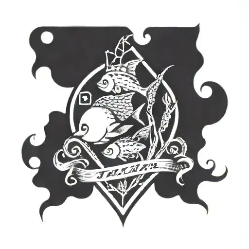three Maple Leafs fish in a circle.  fishing hooks sticks, trees, water  tattoo design idea