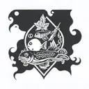 three Maple Leafs fish in a circle.  fishing hooks sticks, trees, water  tattoo design idea