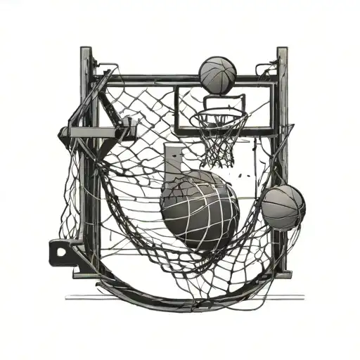 A basketball court with fishing nets hanging from the hoops, showcasing the client's love for both sports tattoo design idea