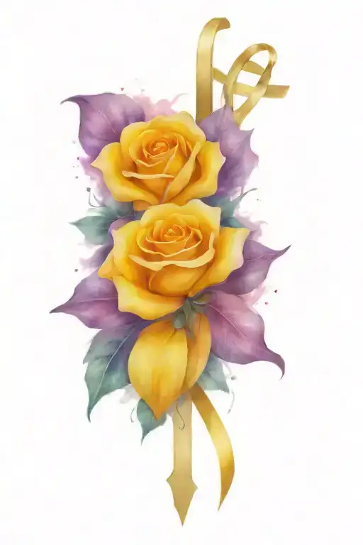 yellow rose purple cancer ribbon and cross tattoo for grandma tattoo design idea