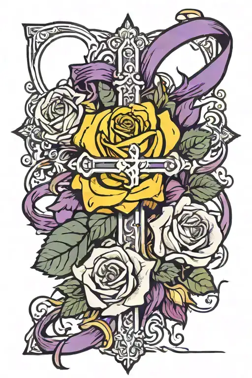 yellow rose purple ribbon and cross tattoo tattoo design idea