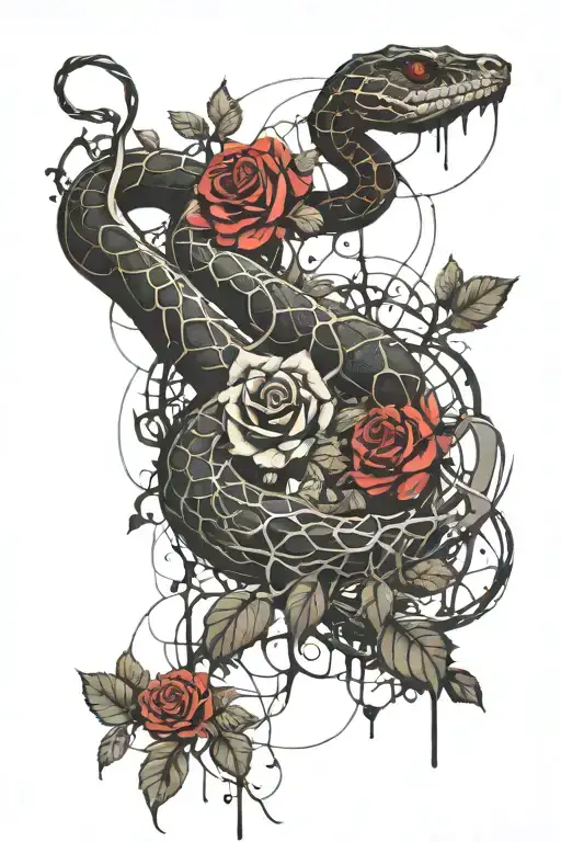 snake with tree vines and roses tattoo design idea