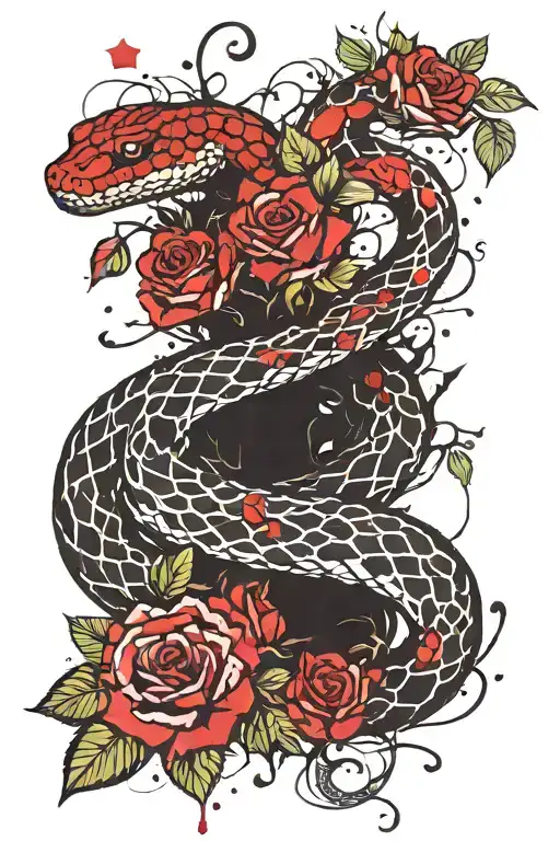 snake with tree vines and roses tattoo design idea