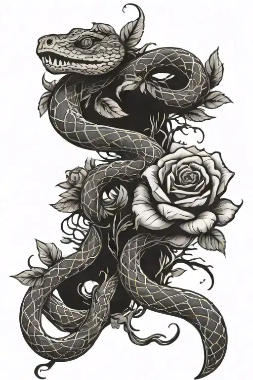 snake with tree vines and roses tattoo design idea