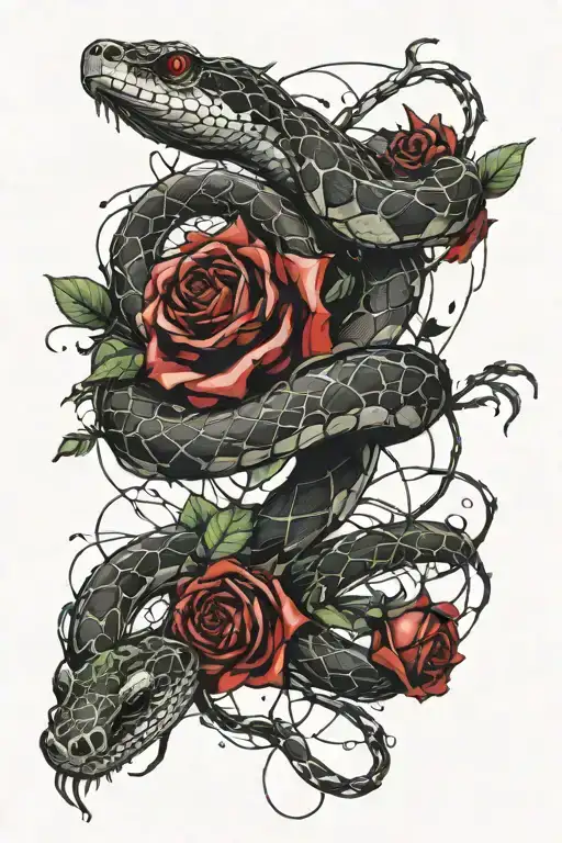 snake with thorn roses intertwined tattoo design idea
