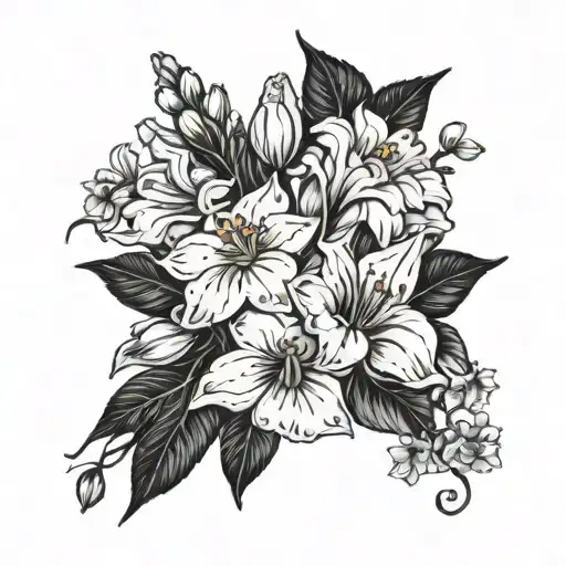 black and white tattoo with Boquet of carnation, daffodil, Lily of the valley, roses, honeysuckle, marigold & poinsettia tattoo design idea